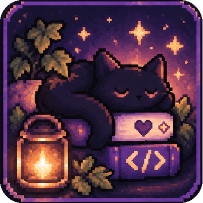 Pixel art of a black cat resting on coding books beside a glowing lantern